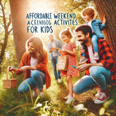 A vibrant and cheerful blog photo representing affordable weekend activities for kids. The image shows a family enjoying a nature scavenger hunt in a